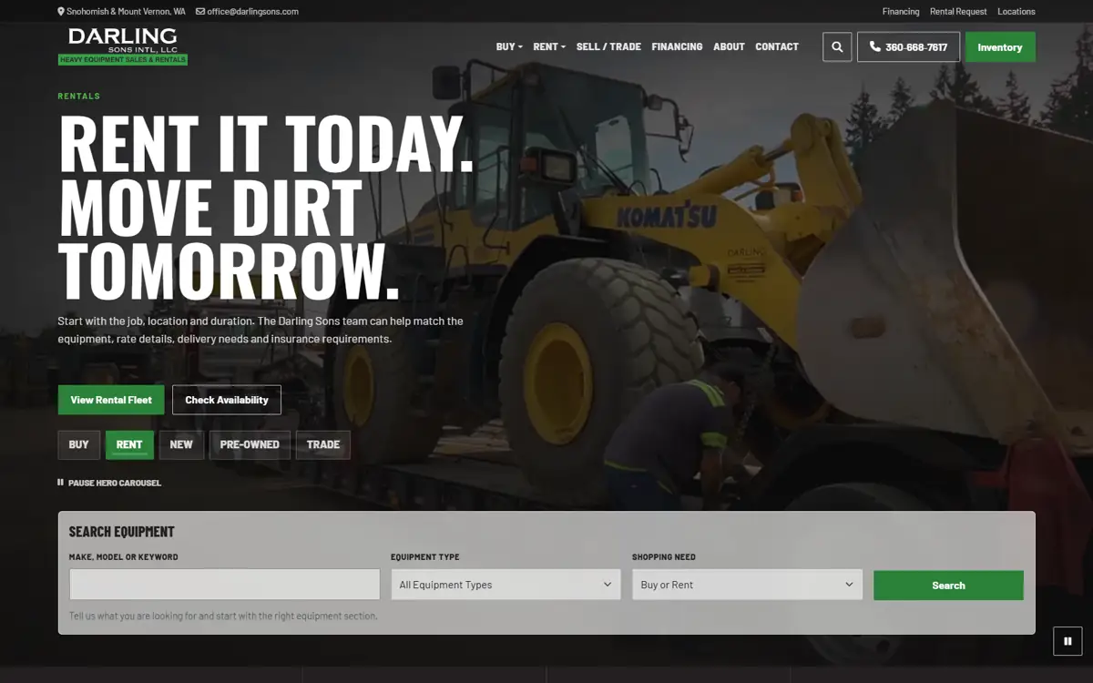 Darling Sons homepage showing equipment rental messaging and search tools.