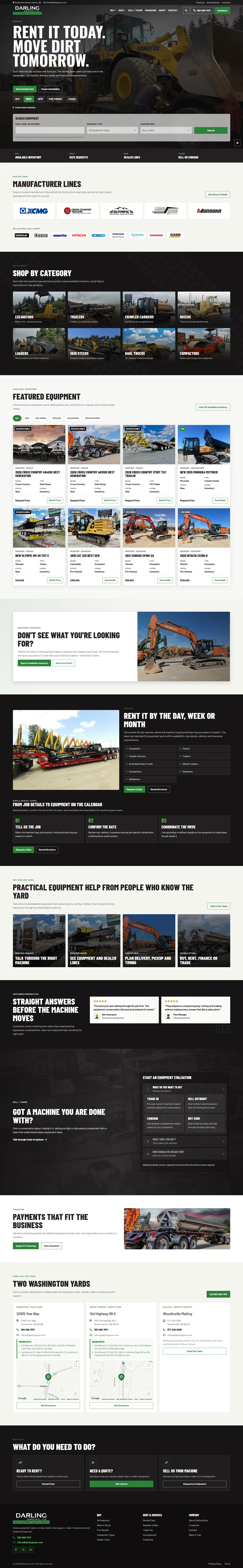 Darling Sons full homepage with equipment rental messaging, search tools, and product paths.
