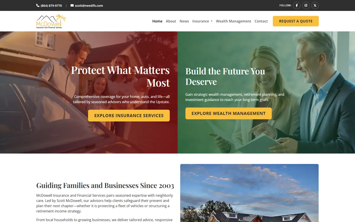 McDowell IFS homepage with split insurance and wealth-management service paths.