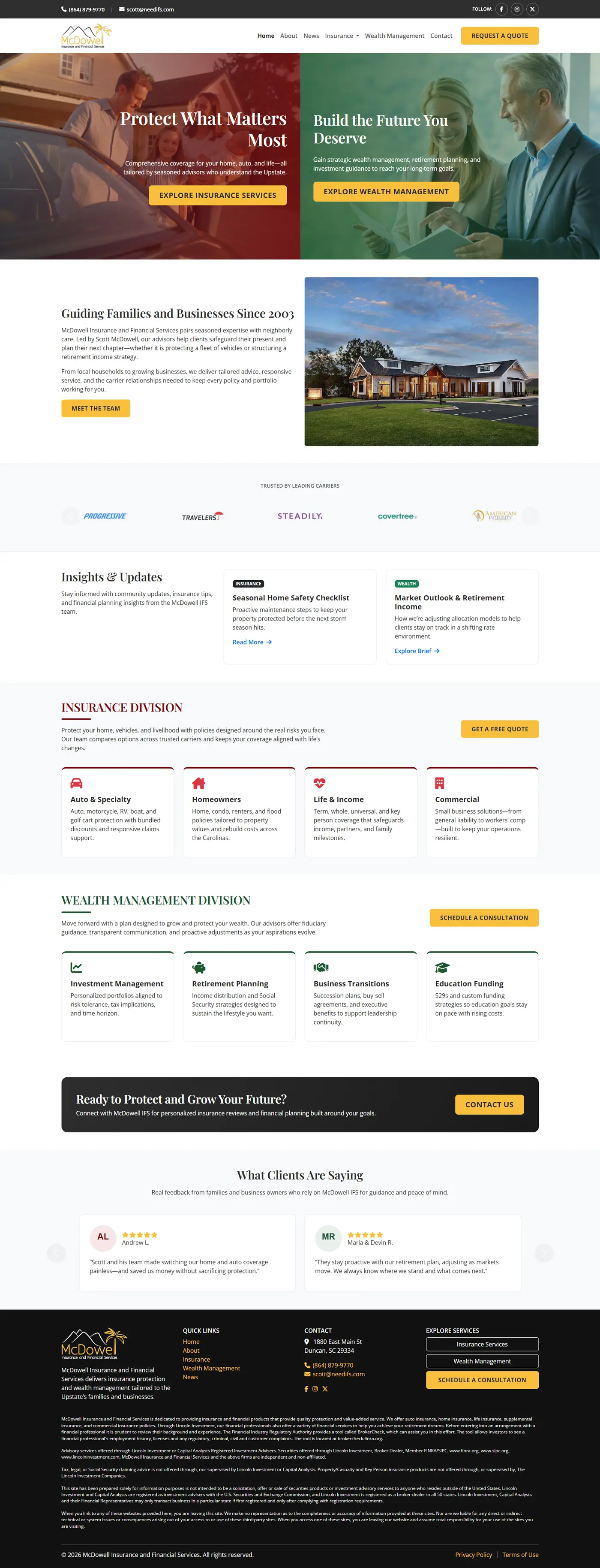 McDowell IFS full homepage with insurance and wealth-management service paths.