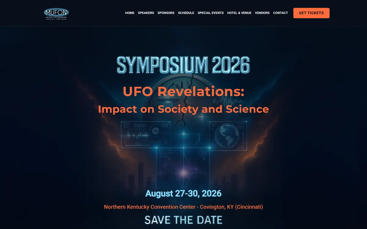 MUFON Symposium 2026 homepage with event branding and ticket-focused navigation.