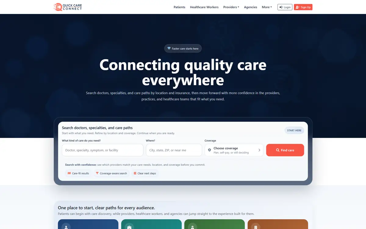 Quick Care Connect homepage with healthcare search and audience paths.