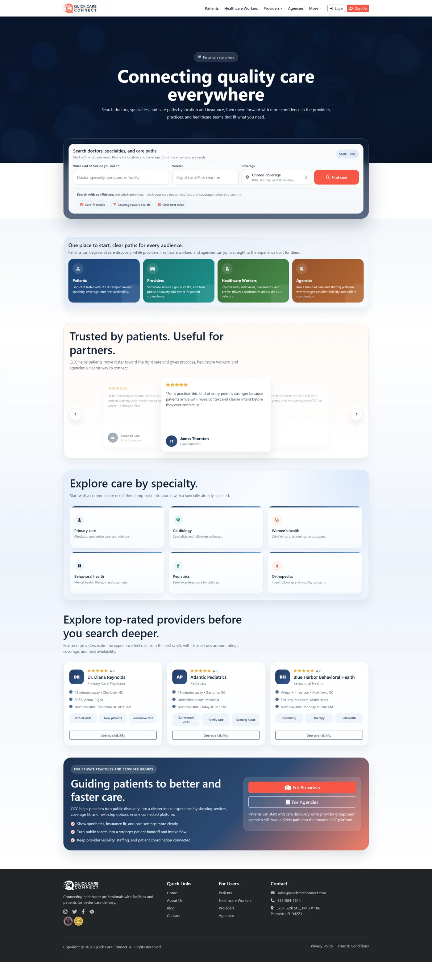 Quick Care Connect full homepage with healthcare search, audience paths, and platform positioning.