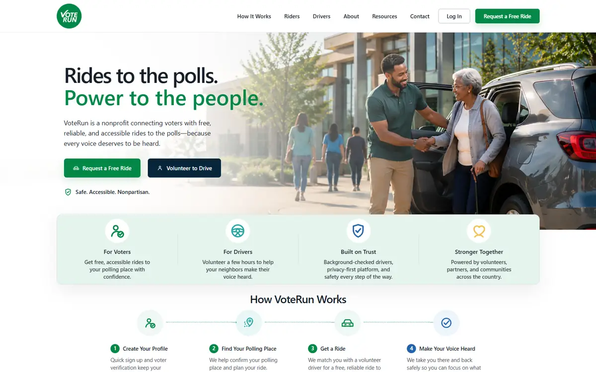 VoteRun homepage showing rides-to-the-polls messaging and rider/driver actions.