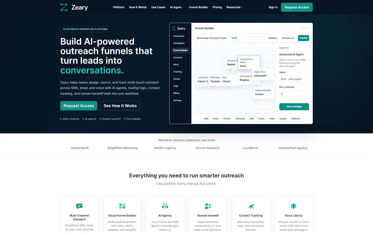 Zeary homepage showing AI outreach platform messaging and workflow product UI.