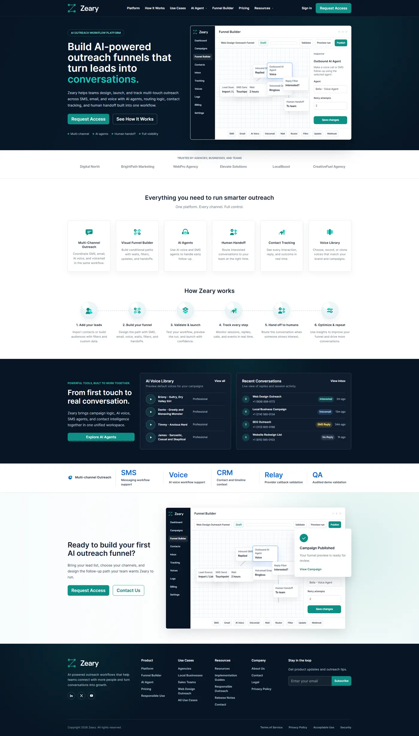 Zeary homepage showing AI outreach platform messaging and product interface context.